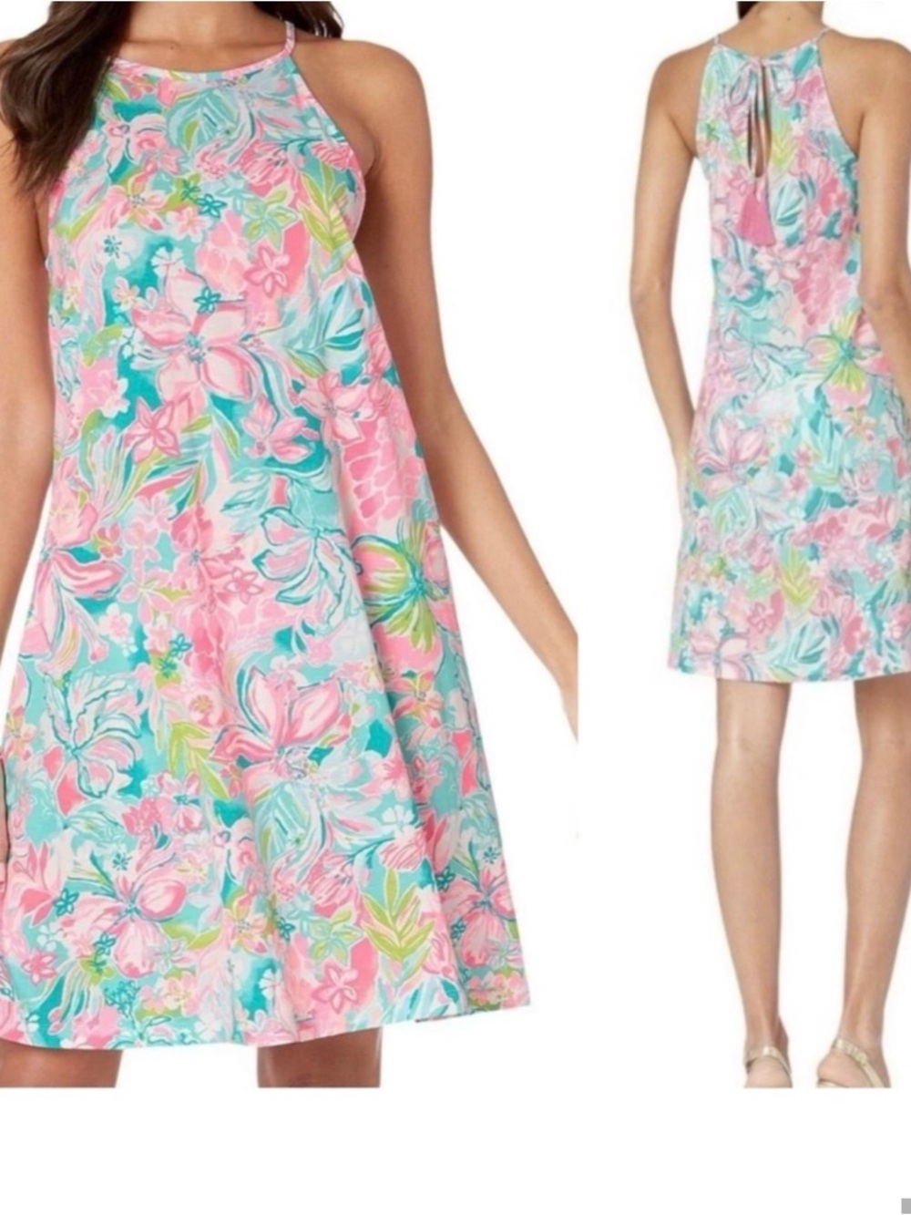 Lilly Pulitzer Pink & Aqua Floral Halter Dress